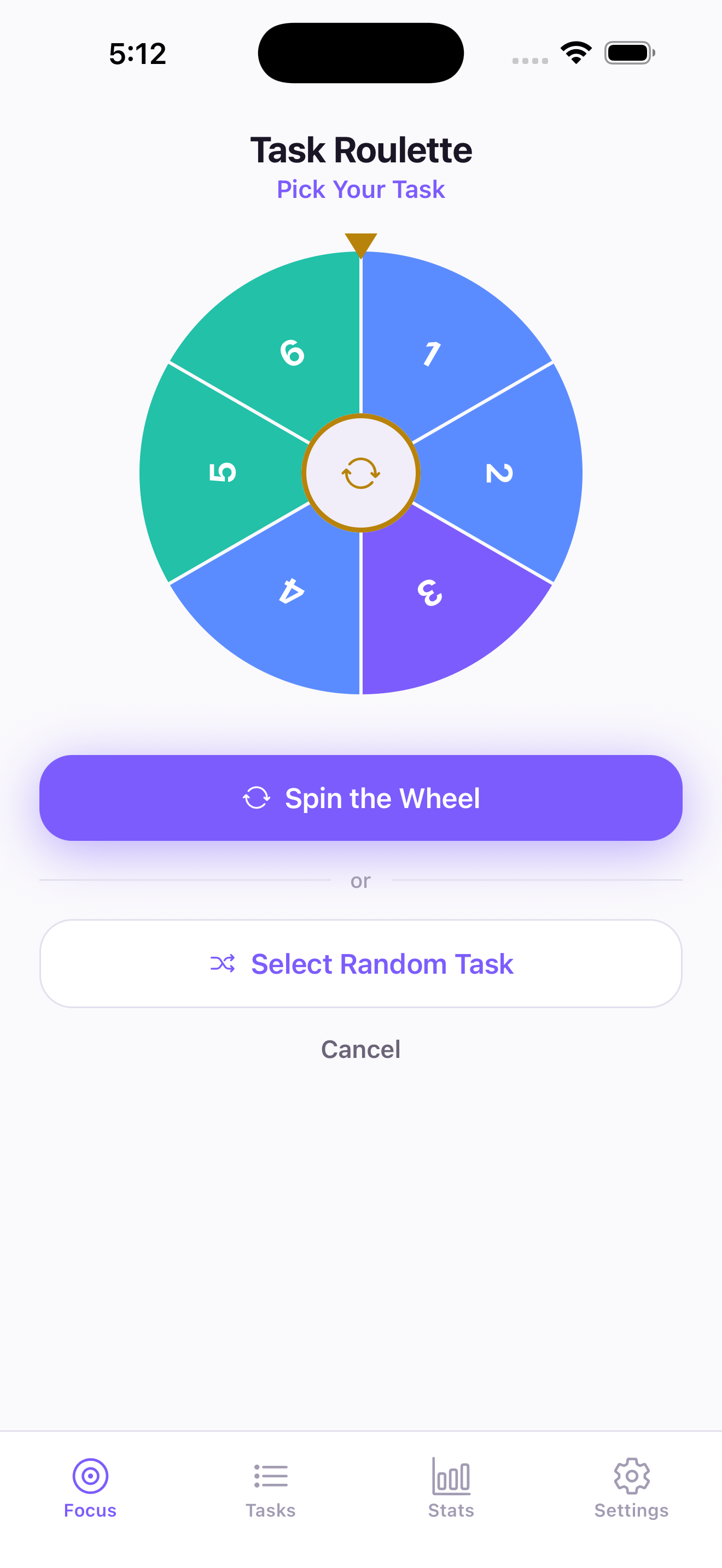 The Task Roulette wheel with numbered task slices