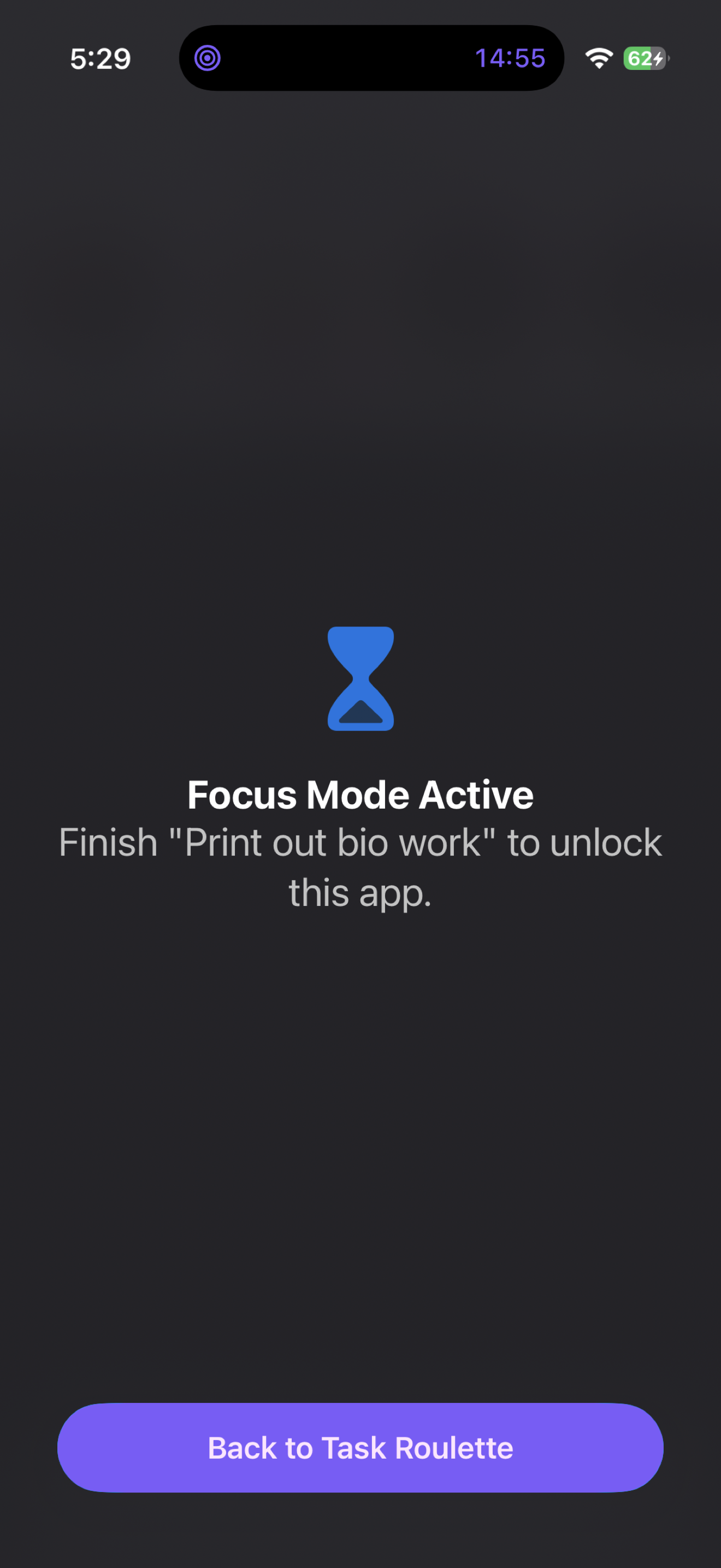 A blocked app showing the Focus Mode Active shield