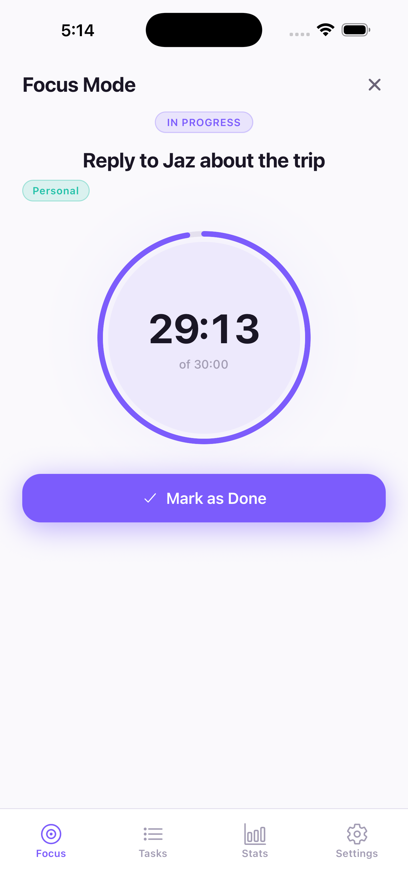 A focus session running with a countdown ring